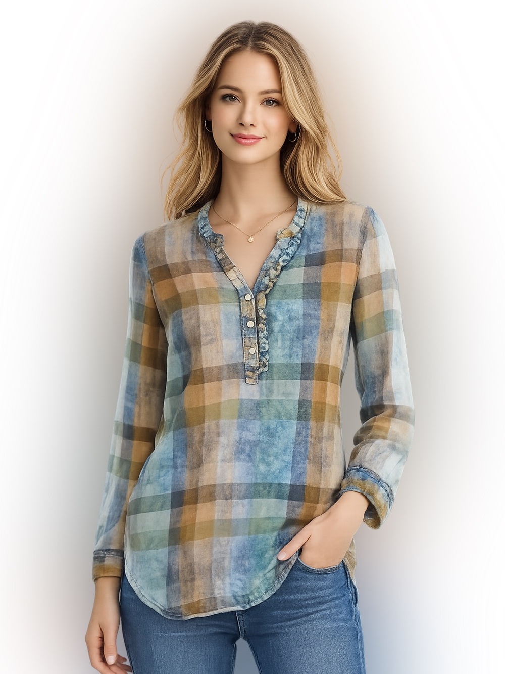 Anthropologie Isabella Sinclair Plaid Henley Tunic Shirt Ruffle Cotton Small